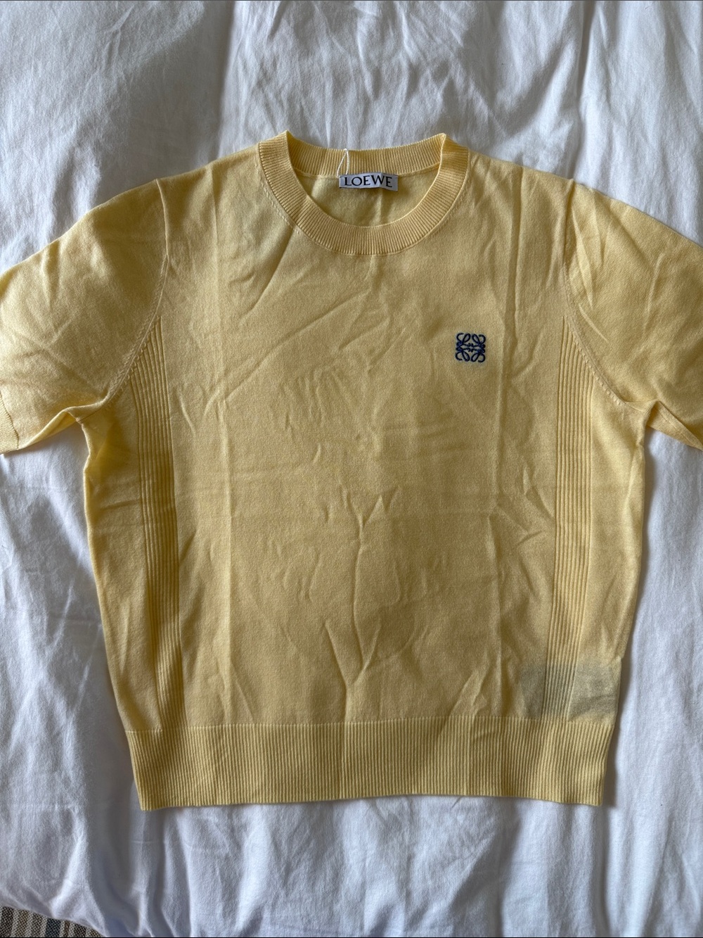 Loewe Women Pale Yellow Short Sleeve Knit Tee with Navy Logo